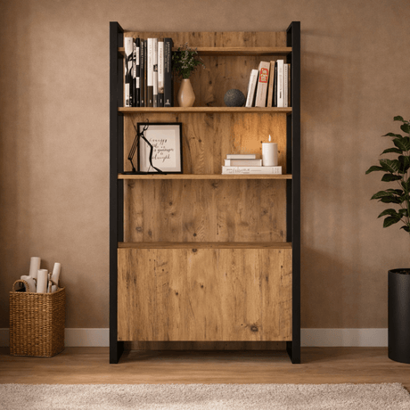 Bookcases - Industrial bookcase with shelves and closed storage compartment pine wood melamine Lyra 90x180x34 cm - Dimehouse
