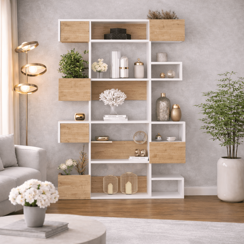 Bookcases - Modern bookcase with asymmetrical compartments white oak melamine Niho 120x171x20 cm - Dimehouse
