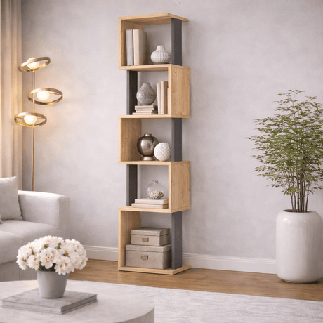 Bookcases - Bookcase 5 zigzag compartments oak anthracite melamine Piri 35x161x30 cm - Dimehouse