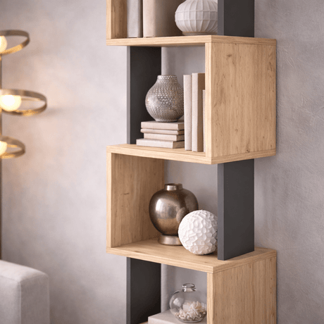 Bookcases - Bookcase 5 zigzag compartments oak anthracite melamine Piri 35x161x30 cm - Dimehouse