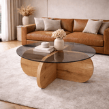 Coffee tables - Round coffee table Aris oak look melamine and smoked glass 75 cm - Dimehouse