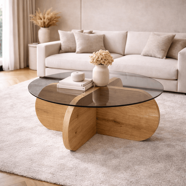 Coffee tables - Round coffee table Aris oak look melamine and smoked glass 75 cm - Dimehouse