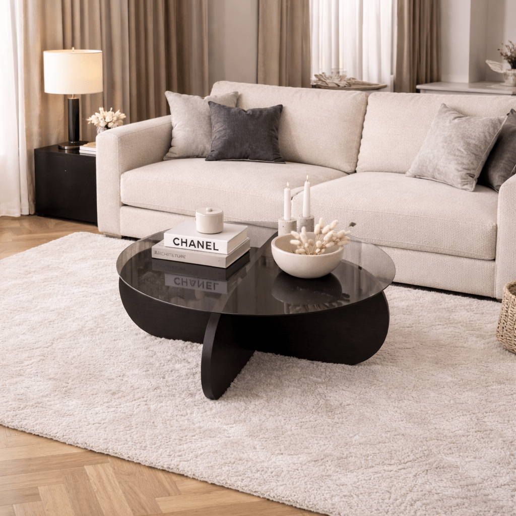 Coffee tables - Round coffee table Aris black melamine and smoked glass 75 cm - Dimehouse