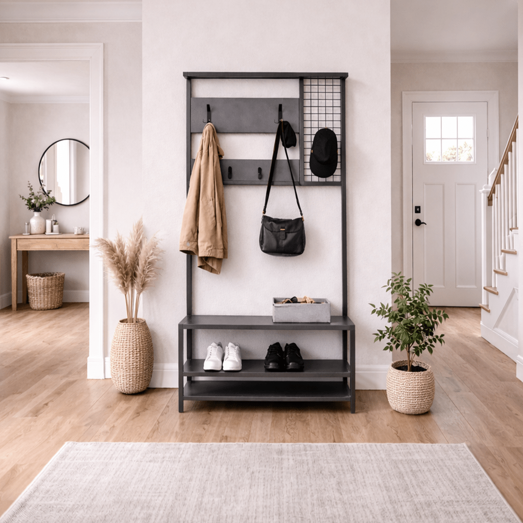 Coat Racks - Wardrobe Furniture Coat Rack Anthracite Melamine Novad - With Shelves - Dimehouse