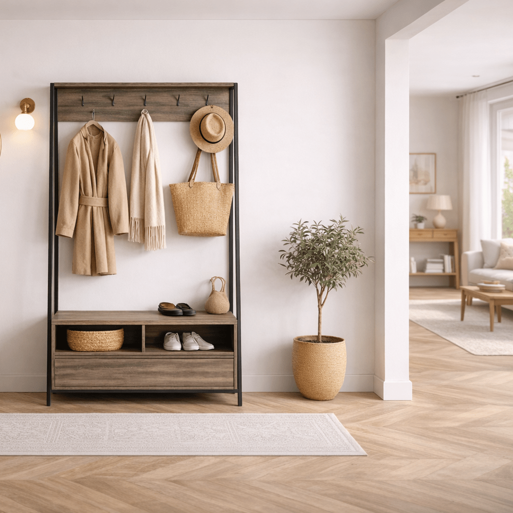 Coat Racks - Wardrobe Furniture Coat Rack Walnut Melamine Devon - With Compartments and Drawer - Dimehouse