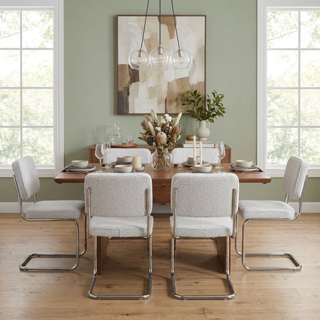Modern Dining Chair Green Boucle Fabric Sway - Chrome Frame - Without Armrests 