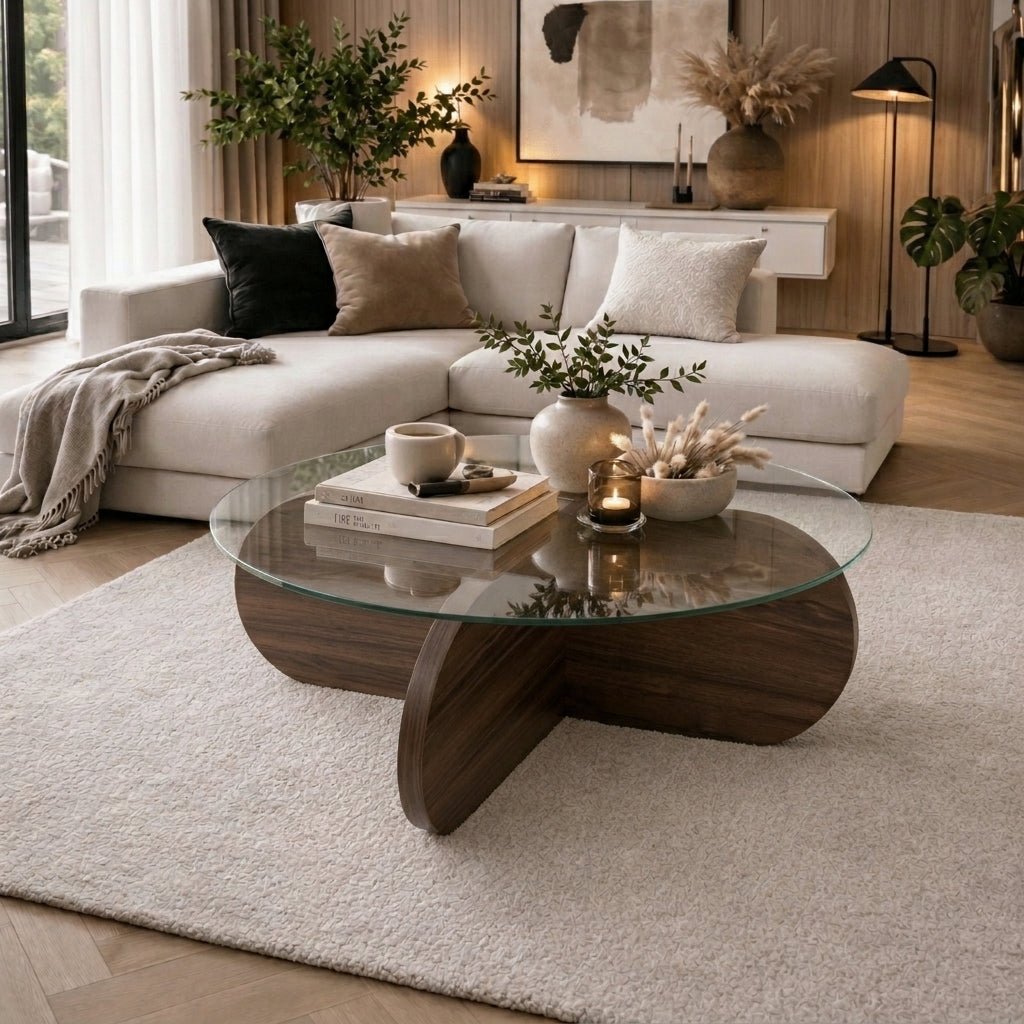 Salontafels-Ronde salontafel Aris walnoot melamine en transparant glas 75 cm-Dimehouse