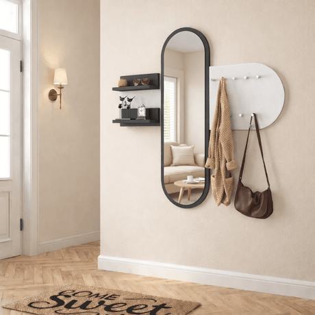 Coat Racks - Coat Rack White Melamine 9 - Angled - With Mirror - Two Shelves - Hally - Dimehouse
