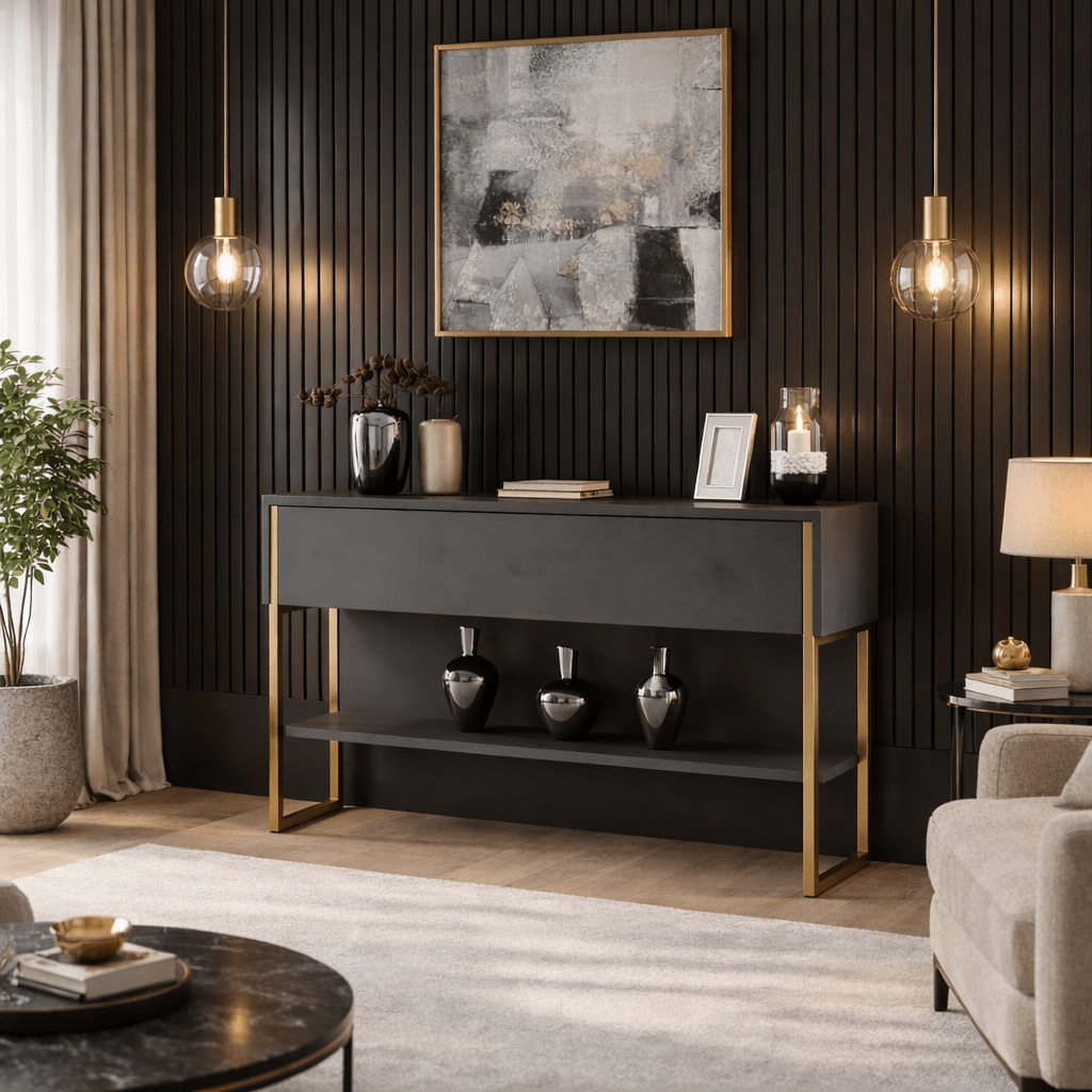 Sideboards - Modern Sideboard Anthracite Luxury 120x80x30 - Golden Frame - One Compartment - Dimehouse