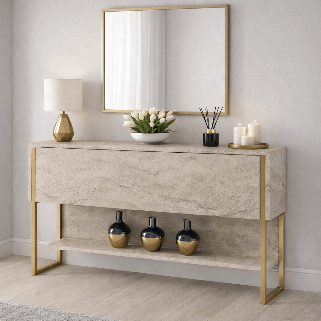 Sideboards - Modern Sideboard Travertine Luxury 120x80x30 - Gold Frame - One Compartment - Dimehouse