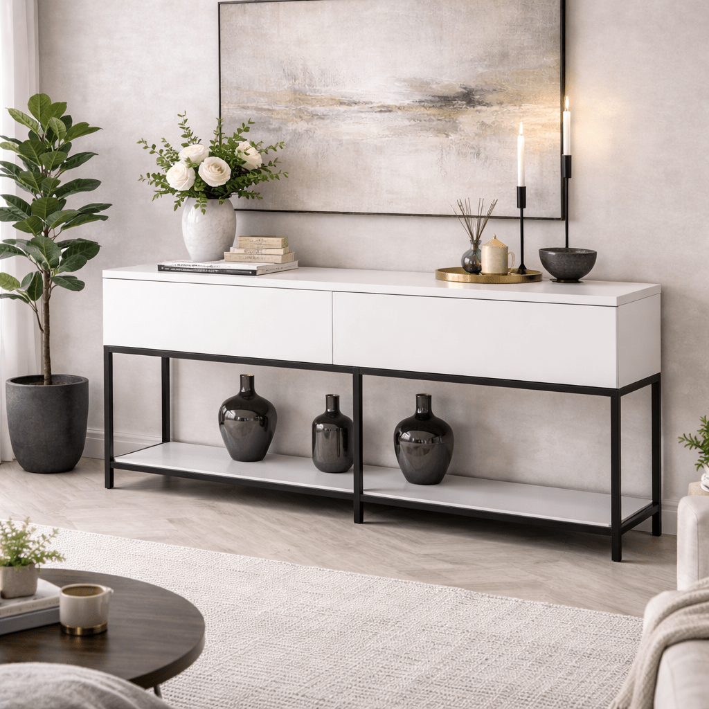 Sideboards - Modern Sideboard White Lord 150x30x80 - Black Frame - Two Compartments - Dimehouse