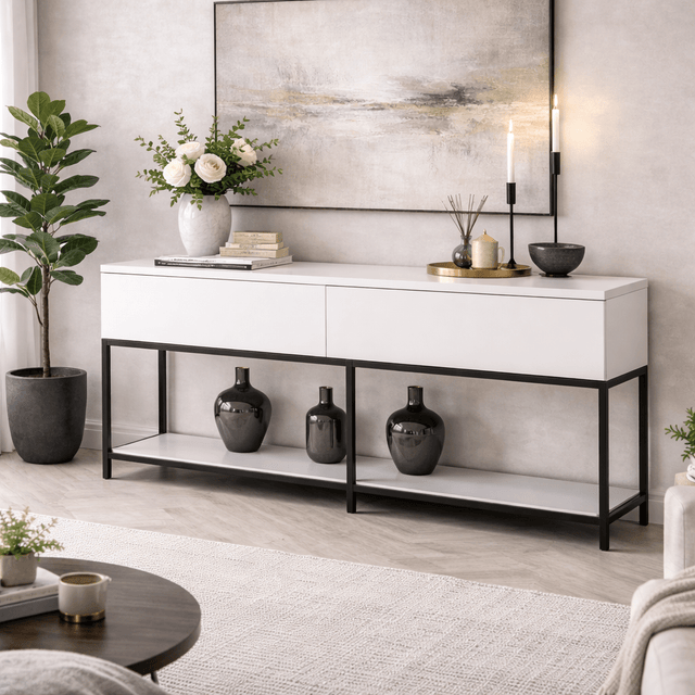 Sideboards - Modern Sideboard White Lord 150x30x80 - Black Frame - Two Compartments - Dimehouse