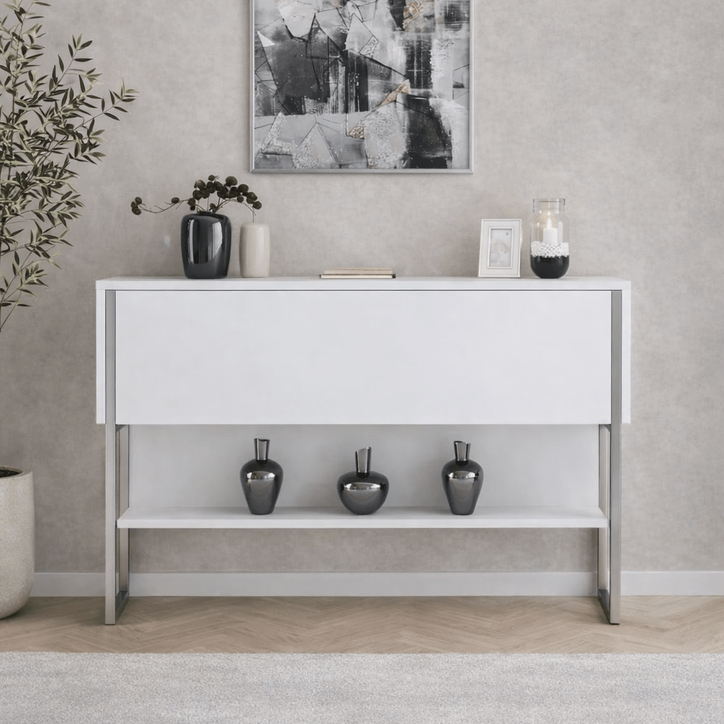 Sideboards - Modern Sideboard White Luxury 120x80x30 - Silver Frame - One Compartment - Dimehouse