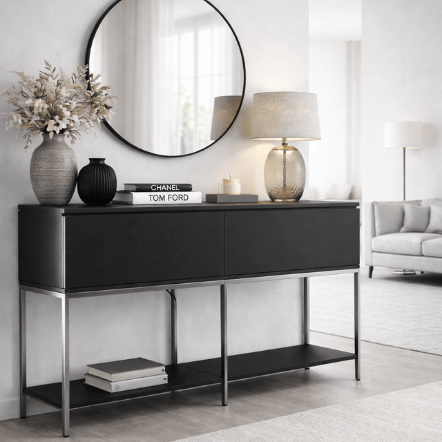 Sideboards - Modern Sideboard Black Lord 150x30x80 - Silver Frame - Two Compartments - Dimehouse