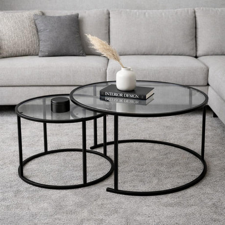 Coffee Tables - Modern Round Coffee Table Set of 2 Uru Black - Gray Glass - 80/60 cm - Dimehouse