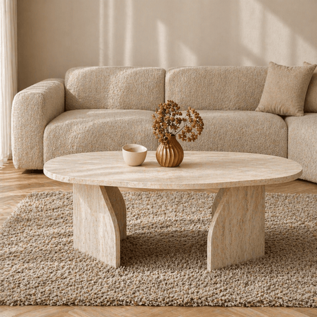Coffee Tables - Organic Coffee Table Travertine Melamine Japandi - 105x65 cm - Rack - Dimehouse