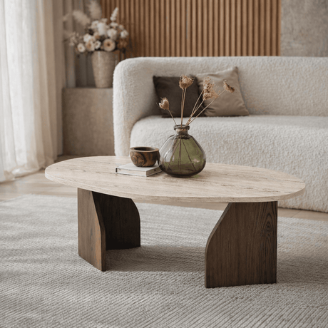 Coffee Tables - Organic Coffee Table Japandi Walnut with Travertine Melamine - 105x65 cm - Rack - Dimehouse