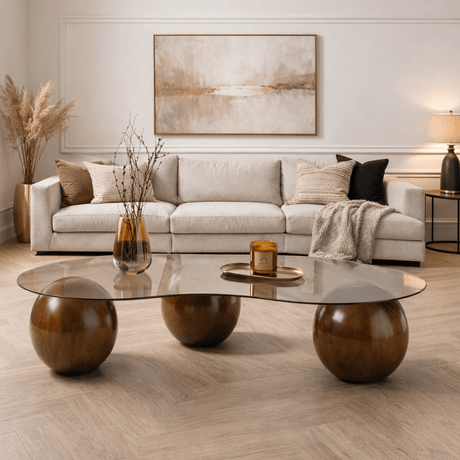 Coffee tables - Organic coffee table bronze tinted glass walnut ball legs Sphere 120x70 cm - Dimehouse