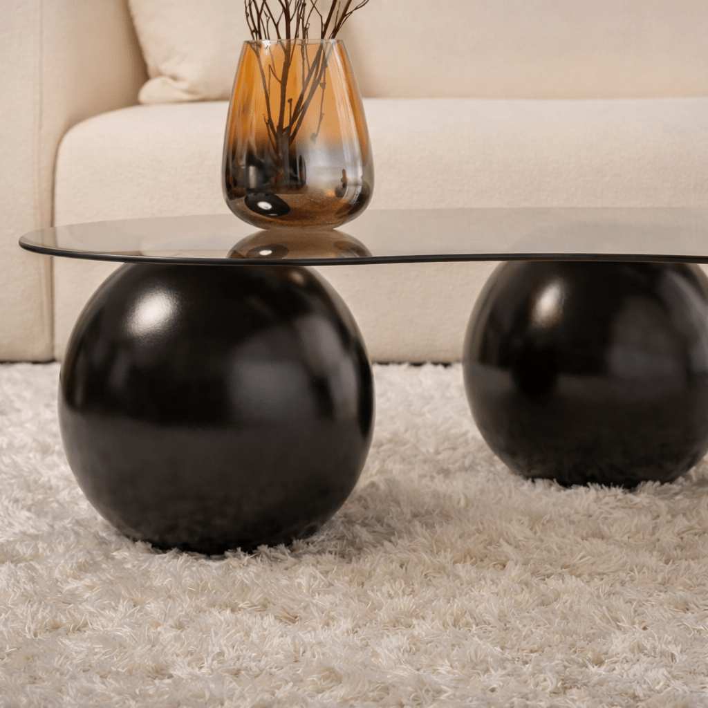 Coffee tables - Organic coffee table bronze tinted glass black ball legs Sphere 120x70 cm - Dimehouse
