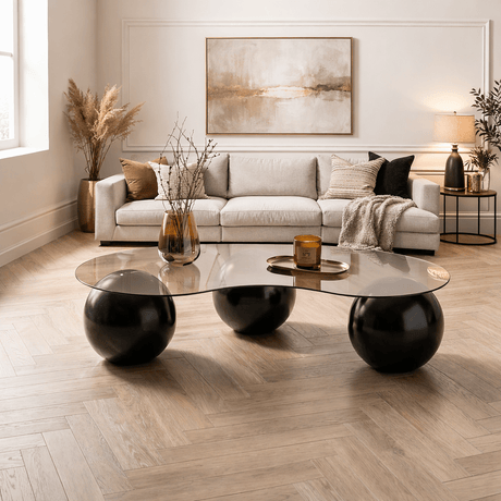 Coffee tables - Organic coffee table bronze tinted glass black ball legs Sphere 120x70 cm - Dimehouse