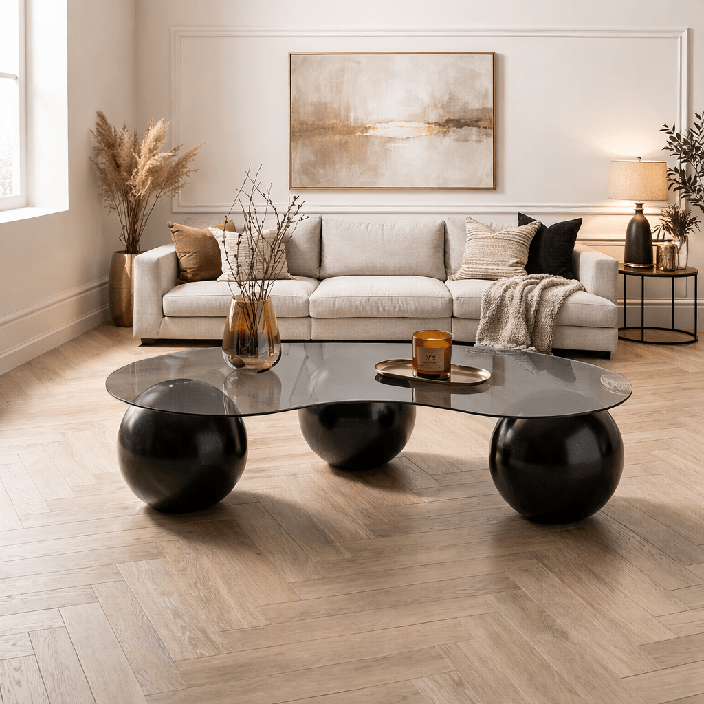 Coffee tables - Organic coffee table gray tinted glass black ball legs Sphere 120x70 cm - Dimehouse