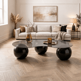 Coffee tables - Organic coffee table gray tinted glass black ball legs Sphere 120x70 cm - Dimehouse