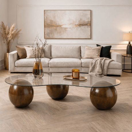 Coffee tables - Organic coffee table transparent glass walnut ball legs Sphere 120x70 cm - Dimehouse