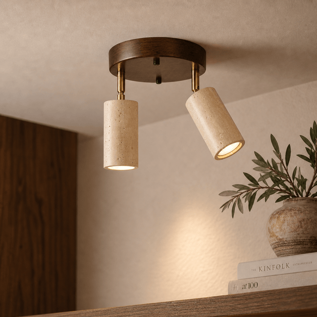 Hanging lamps - Ceiling lamp spot - Walnut & Travertine - set of 2 - Akari - Dimehouse