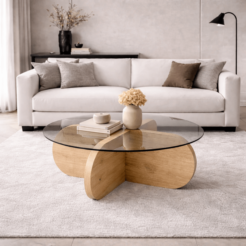 Coffee tables - Round coffee table Aris oak look melamine and transparent glass 75 cm - Dimehouse