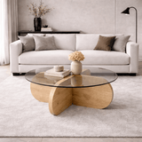 Coffee tables - Round coffee table Aris oak look melamine and transparent glass 75 cm - Dimehouse