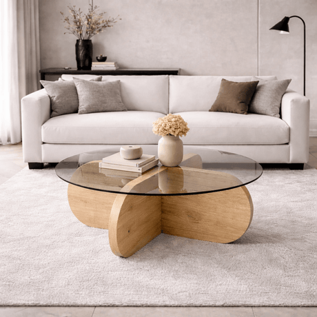 Coffee tables - Round coffee table Aris oak look melamine and transparent glass 75 cm - Dimehouse