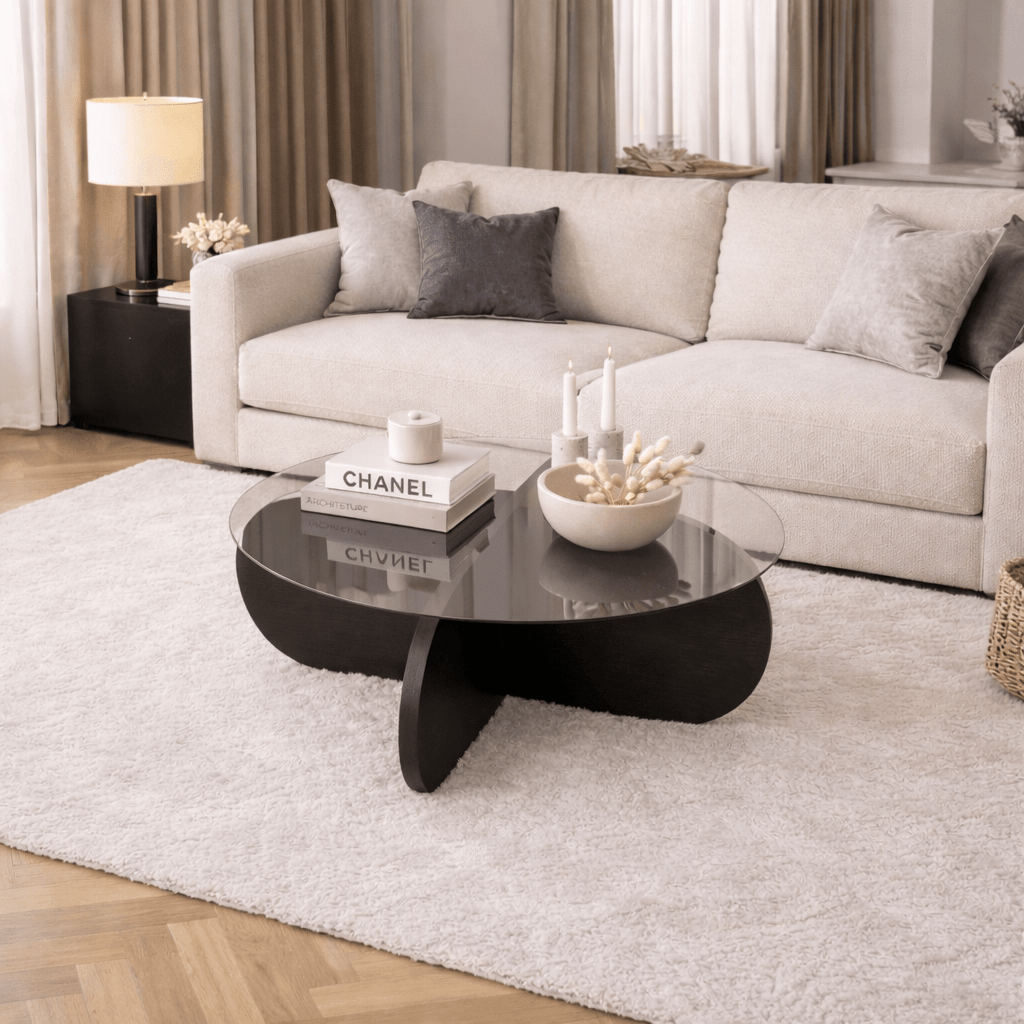 Coffee tables - Round coffee table Aris black melamine and transparent glass 75 cm - Dimehouse