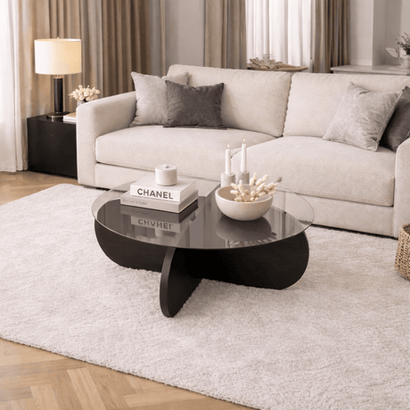 Coffee tables - Round coffee table Aris black melamine and transparent glass 75 cm - Dimehouse