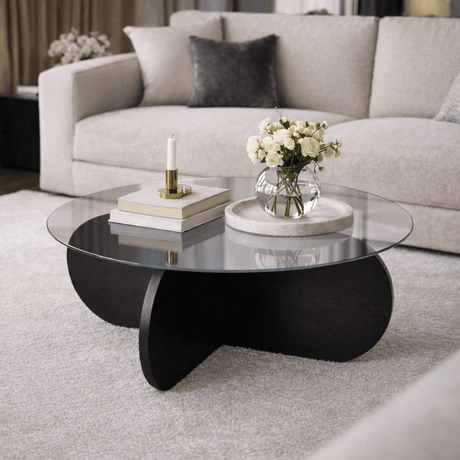 Coffee tables - Round coffee table Aris black melamine and transparent glass 75 cm - Dimehouse