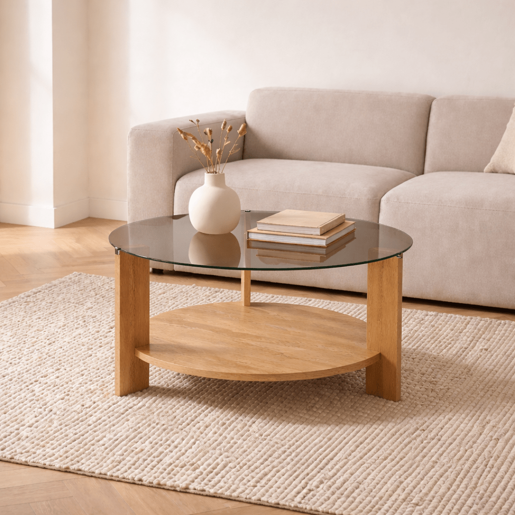 Coffee tables - Round coffee table oak melamine smoked glass Ø75 cm - Cairo - Dimehouse