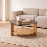 Coffee tables - Round coffee table oak melamine smoked glass Ø75 cm - Cairo - Dimehouse