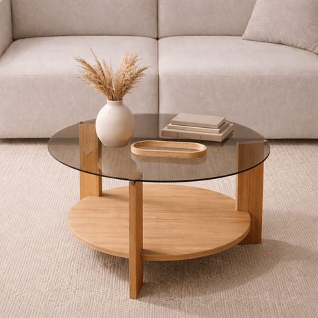 Coffee tables - Round coffee table oak melamine smoked glass Ø75 cm - Cairo - Dimehouse