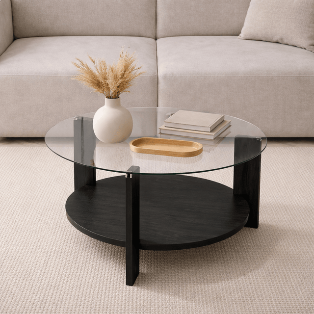 Coffee tables - Round coffee table black melamine transparent glass Ø75 cm - Cairo - Dimehouse