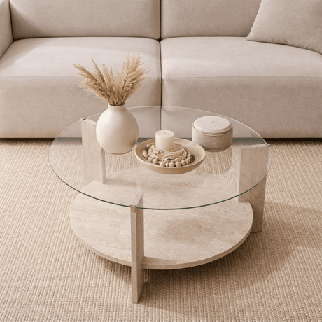 Coffee tables - Round coffee table travertine melamine transparent glass Ø75 cm - Cairo - Dimehouse