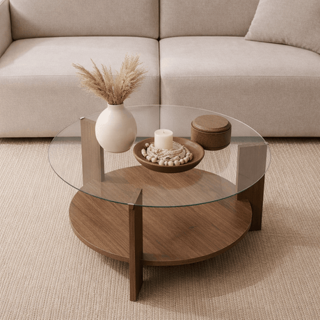 Coffee tables - Round coffee table walnut melamine transparent glass Ø75 cm - Cairo - Dimehouse
