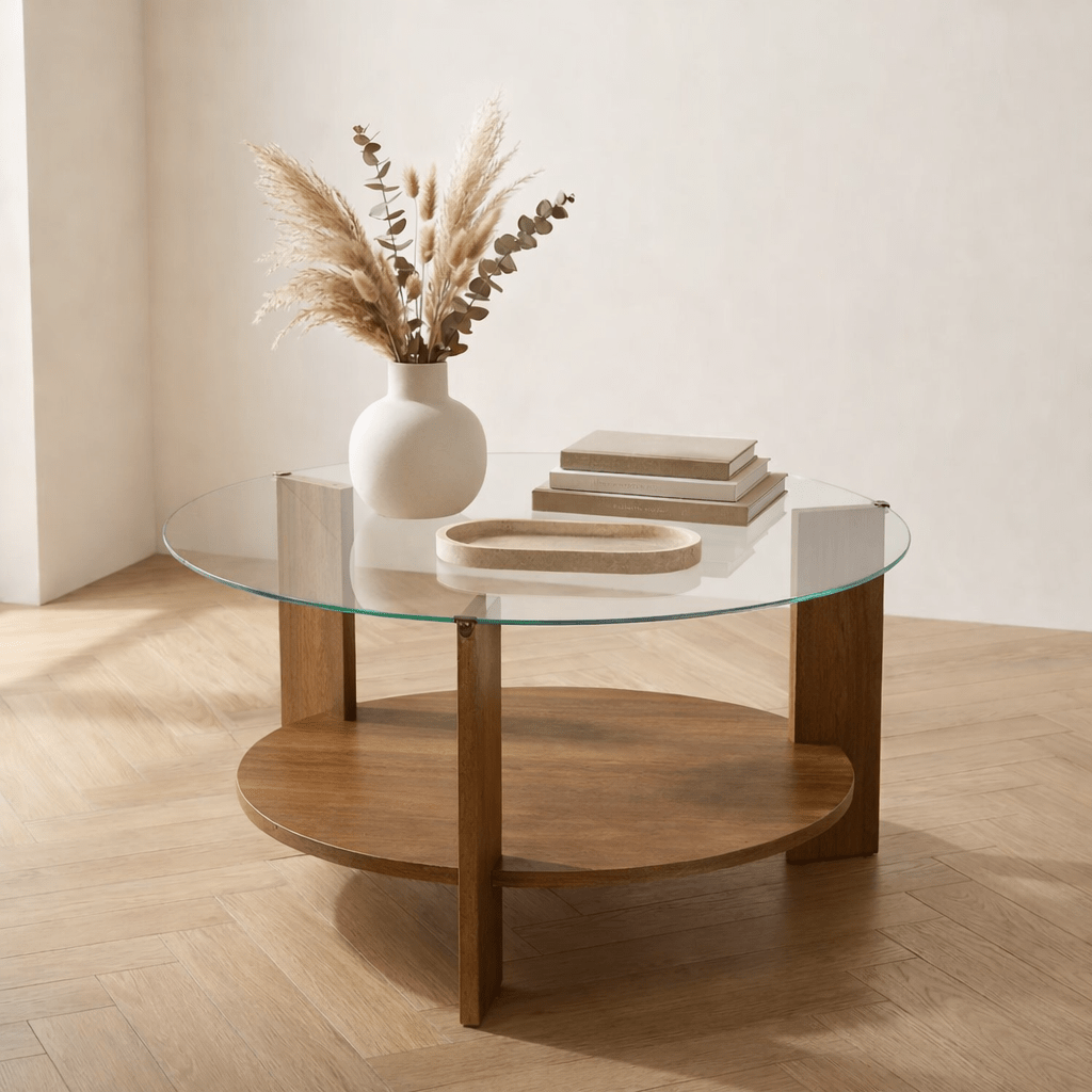 Coffee tables - Round coffee table walnut melamine transparent glass Ø75 cm - Cairo - Dimehouse
