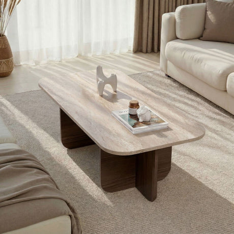 Coffee tables - Coffee table walnut melamine with travertine top - Japandi - 120x60 cm - Akira - Dimehouse