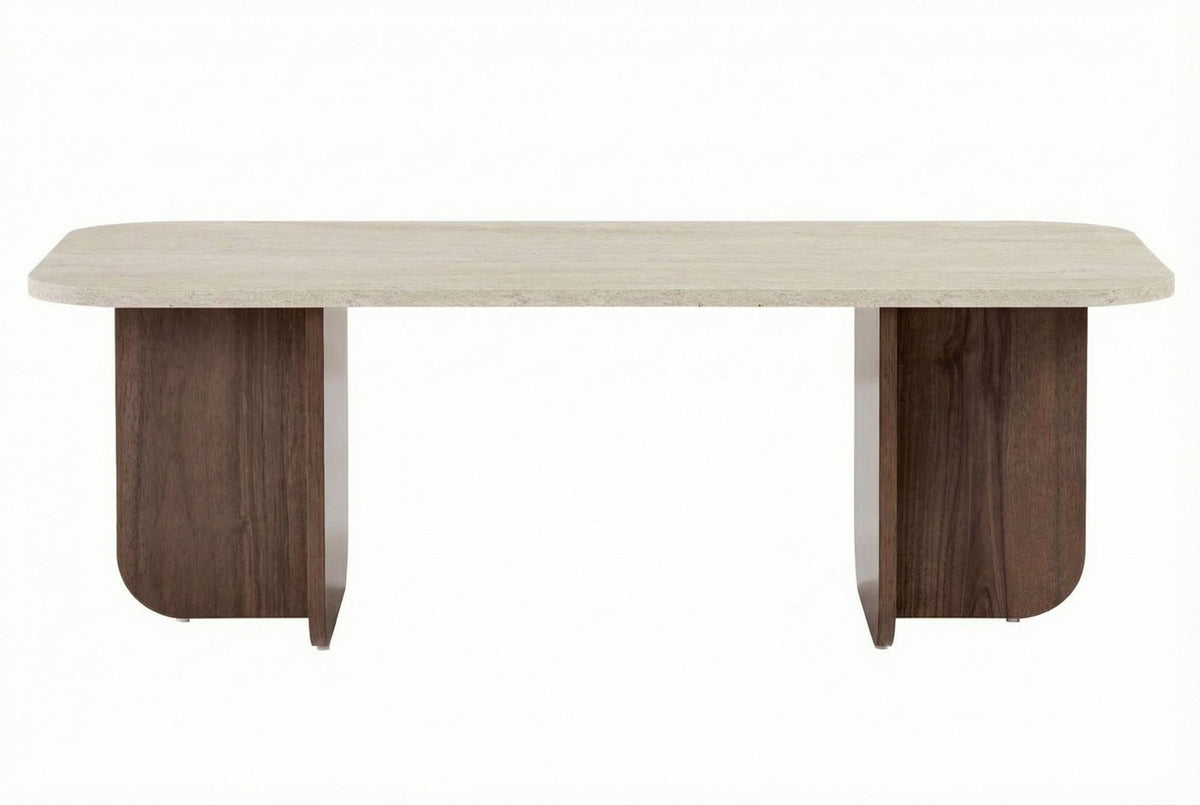Coffee tables - Coffee table walnut melamine with travertine top - Japandi - 120x60 cm - Akira - Dimehouse