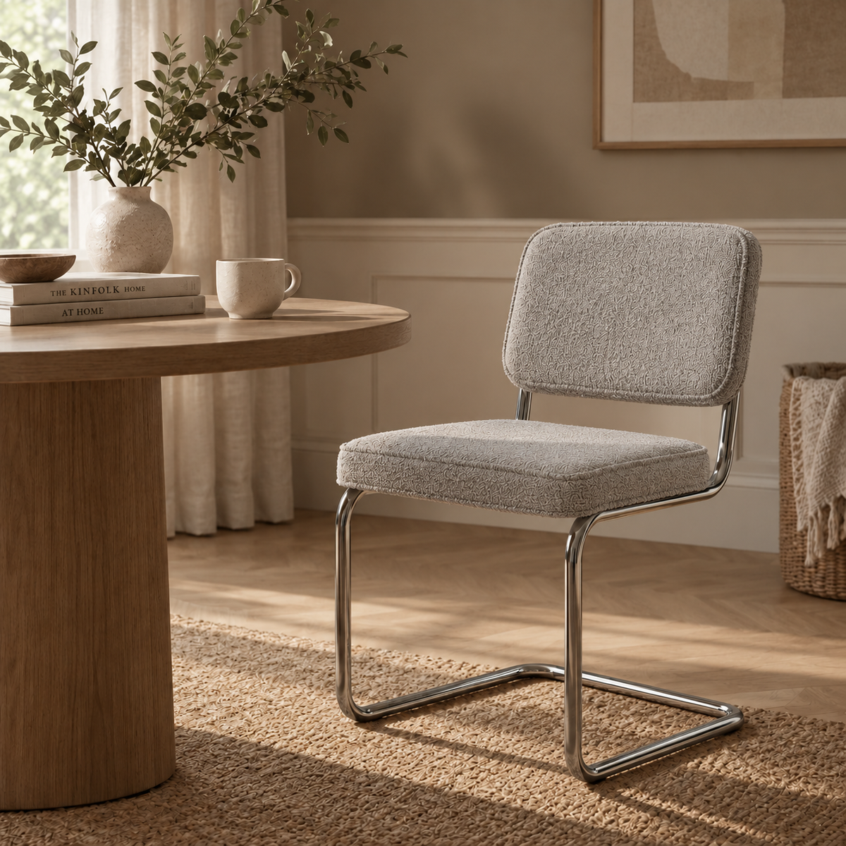 Modern Dining Chair Sand Color Bouclé Fabric Sway - Chrome Frame - Without Armrests 