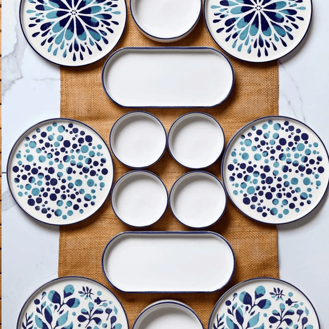 Breakfast Set (14 Pieces) - Ceramic tableware set - 14 pieces - White with blue - Nature - Dimehouse