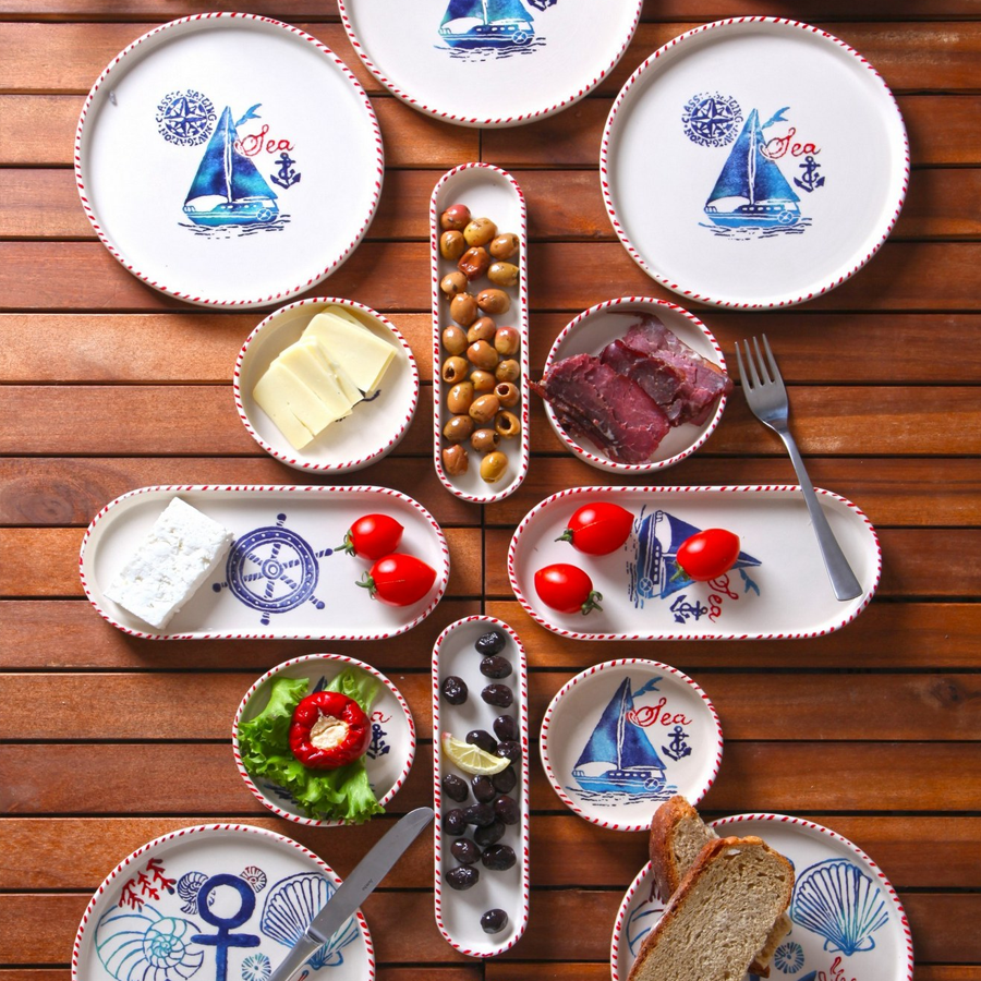 Breakfast Set (14 Pieces) - Ceramic tableware set - 14 pieces - White with blue - Sailing - Dimehouse