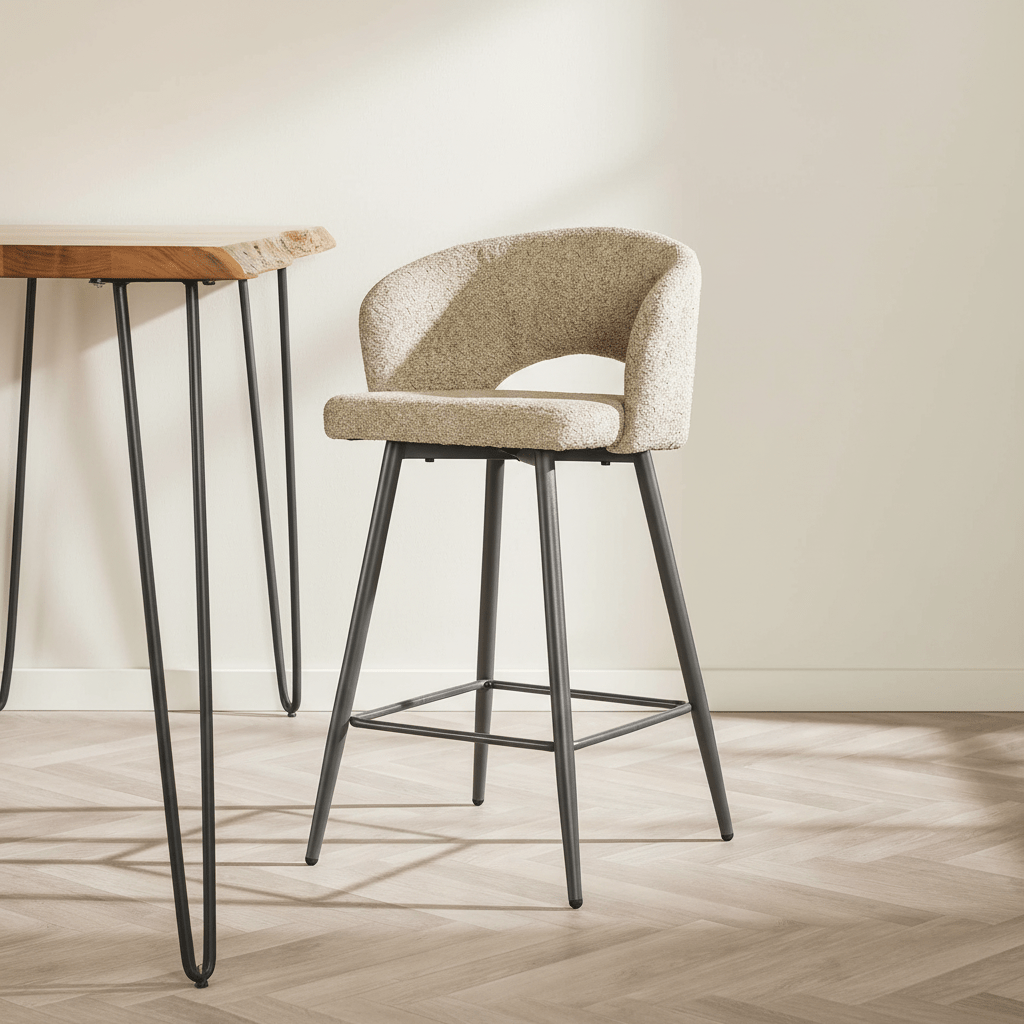 Set of 2 Bar stools Alba bouclé Sand atmospheric photo in modern interior