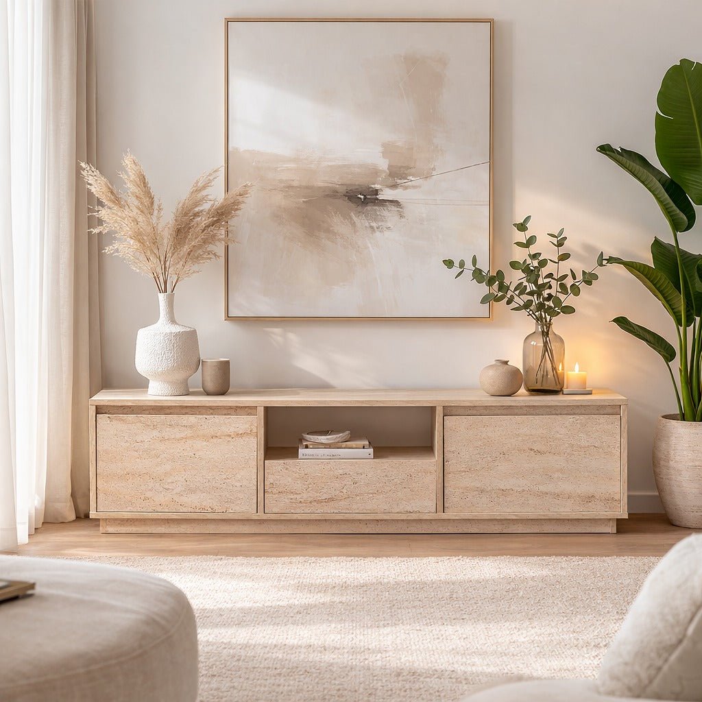 TV Furniture - TV Furniture Japandi Travertine Melamine - three cabinets - 160x42x29.5 cm - Flare - Dimehouse