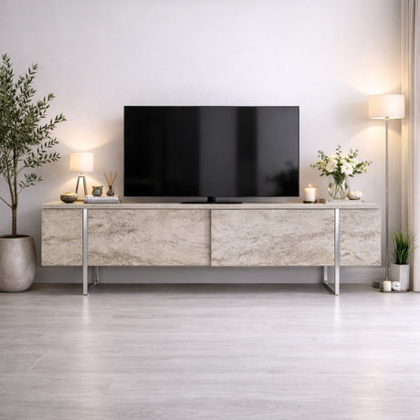 TV Furniture - TV Furniture Travertine Luxury 180x50x30 - Silver Frame - Dimehouse