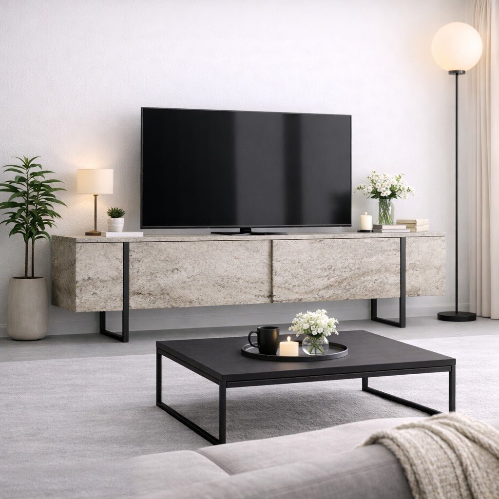 TV Furniture - TV Furniture Travertine Luxury 180x50x30 - Black Frame - Dimehouse
